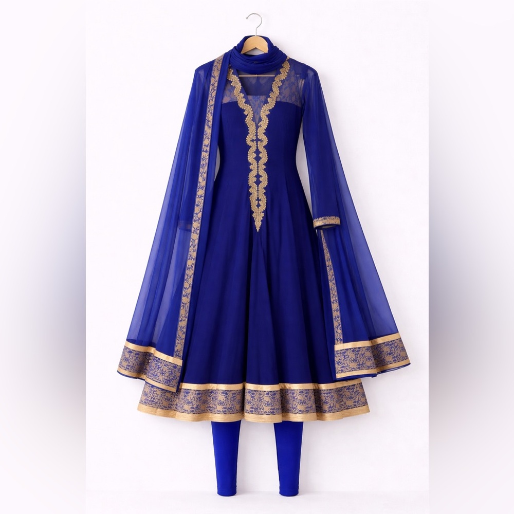 Royal Blue Embroidered Anarkali Dress with Gold Trim